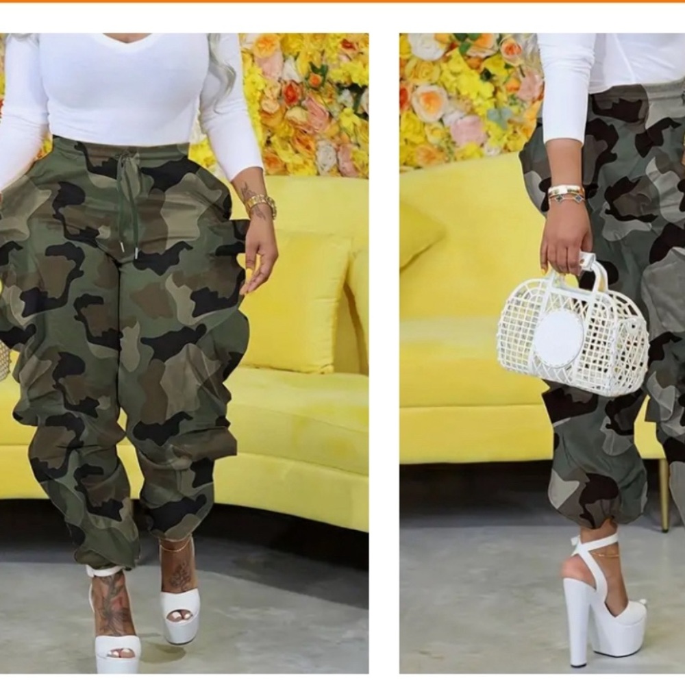 Green army design pants with ruffles on sides